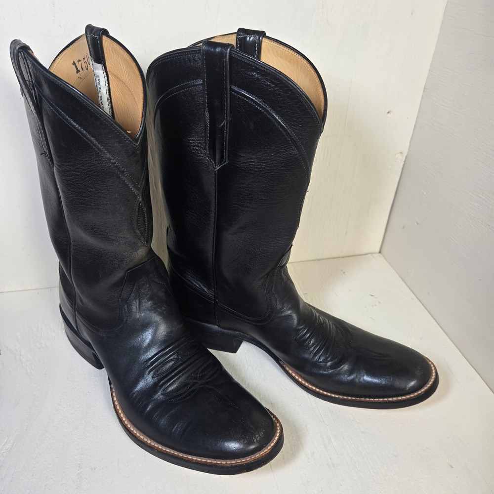 Rios of Mercedes Men's Black Leather Handmade Cowboy Boots Size 7.5A Texas Made